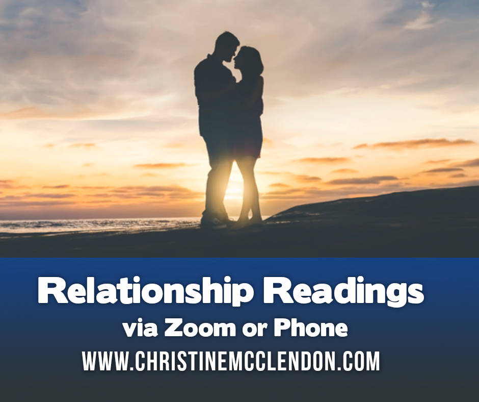 Picture of a couple in the sunset with words relationship readings via zoom or phone