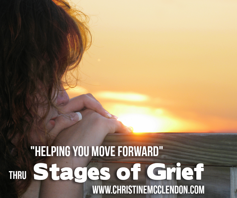 Picture of a grieving lady with words helping you move forward thru stages of grief